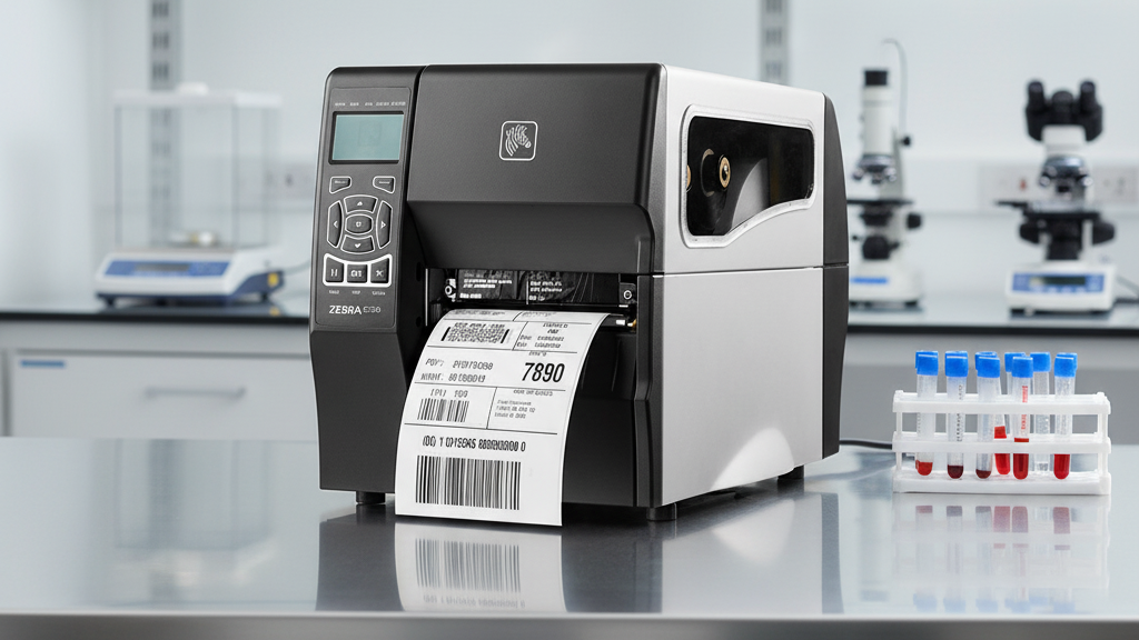 Impresora de etiquetas Zebra ZT230 sobre una mesa de acero inoxidable en un moderno laboratorio farmacéutico.

