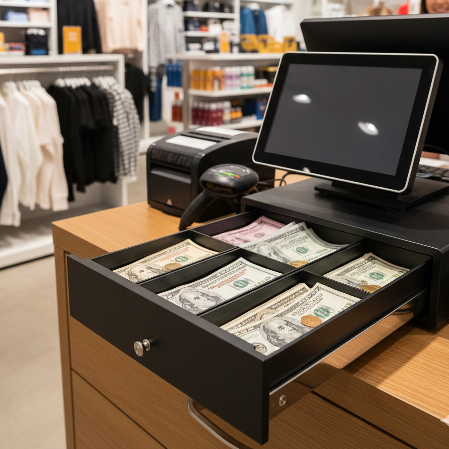 Cajón de dinero en tiendas de ropa