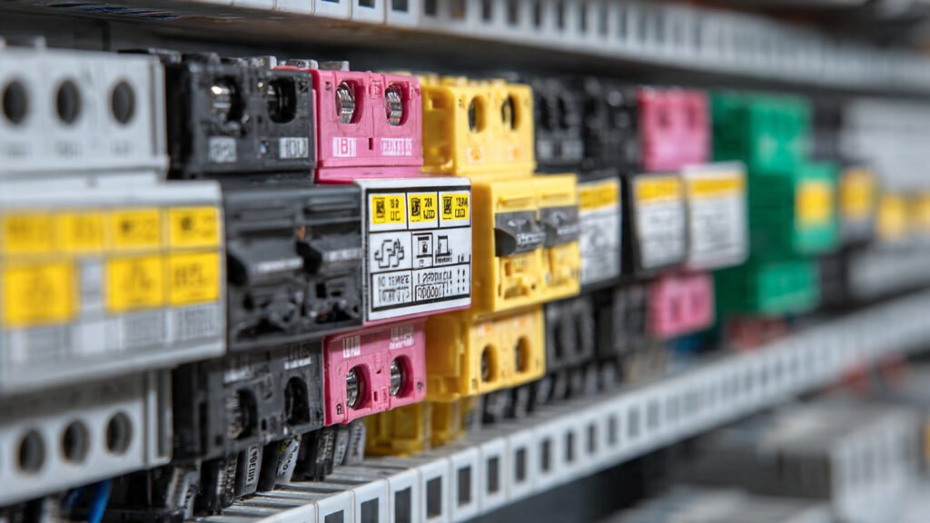 Etiquetas de identificación eléctrica para marcaje de cuadros eléctricos, disyuntores y cables de potencia, cumpliendo con normativas de seguridad.