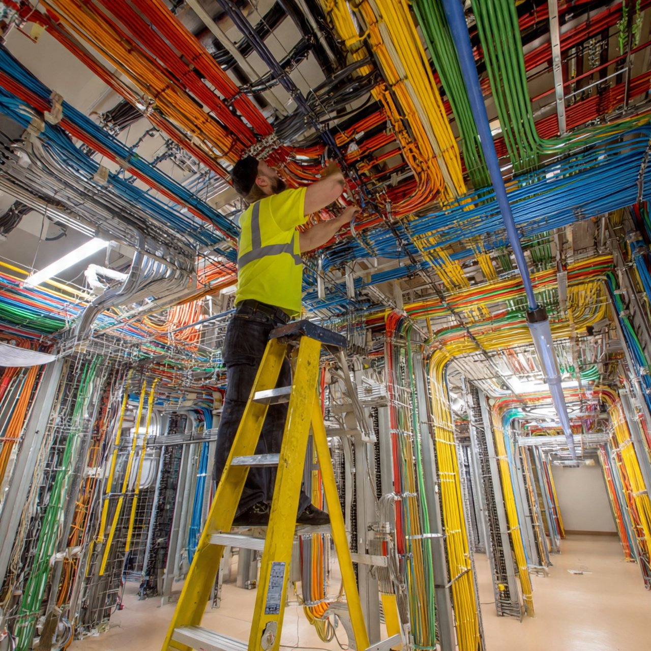 Un técnico de redes trabajando en escaleras, techos falsos y cuartos de máquina
