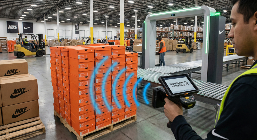 A diferencia del escáner óptico, el RFID utiliza ondas de radio para comunicarse con un chip integrado en una etiqueta inteligente. No necesita luz, ni línea de visión directa. Imagina pasar un arco de lectura o usar una terminal portátil y capturar la información de 100 cajas en un pallet en cuestión de segundos, sin tener que abrirlas. Eso es automatización real.