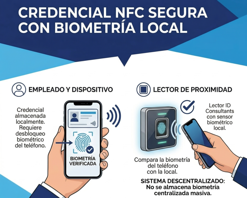 Identificación Multimodal (Doble Factor): La recomendación de oro en 2026 es la combinación. Por ejemplo: una tarjeta NFC en el celular del empleado (que requiere desbloqueo biométrico del teléfono) + un lector de proximidad. Esto garantiza que el titular es quien dice ser sin necesidad de almacenar una base de datos biométrica centralizada masiva.