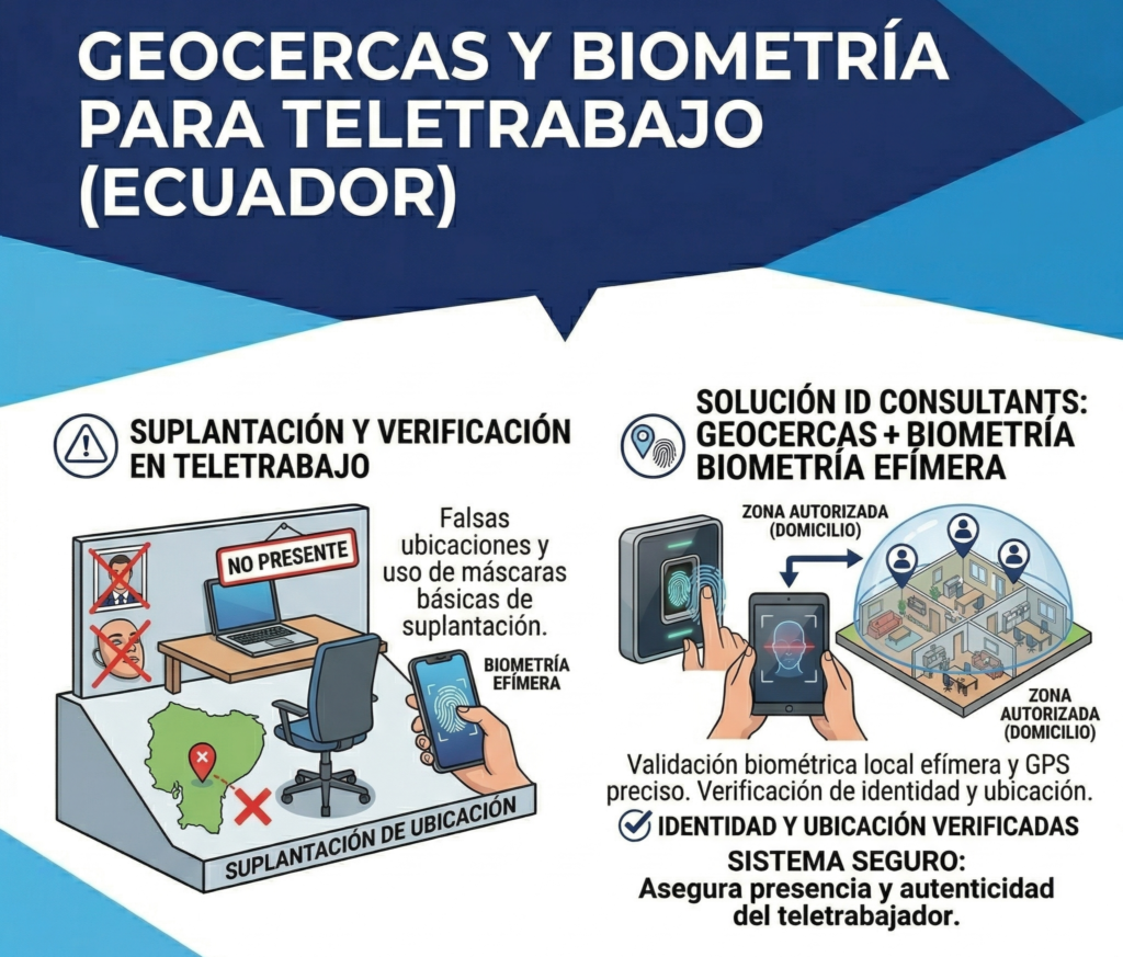Geocercas (Geofencing) para Teletrabajo: Para empleados remotos en Ecuador, la suplantación se evita mediante el uso de aplicaciones móviles con GPS y validación biométrica efímera, asegurando que la persona está donde dice estar y es quien dice ser