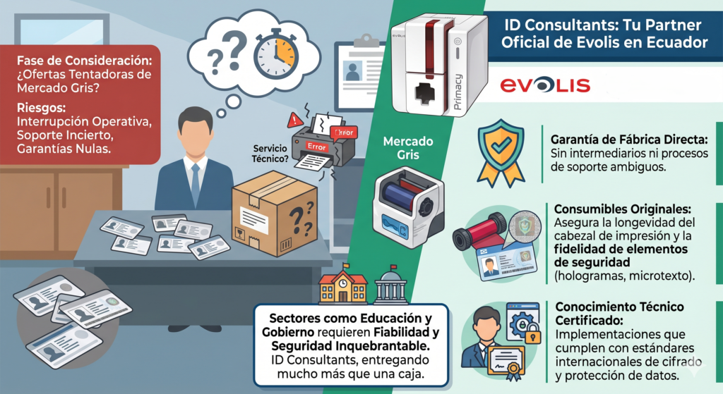 En la fase de consideración, muchas organizaciones se ven tentadas por ofertas de mercado gris. Sin embargo, en sectores como Educación o Gobierno, el riesgo de interrupción operativa es inaceptable. Como Partner Oficial de Evolis en Ecuador, ID Consultants no solo entrega una caja; entrega: