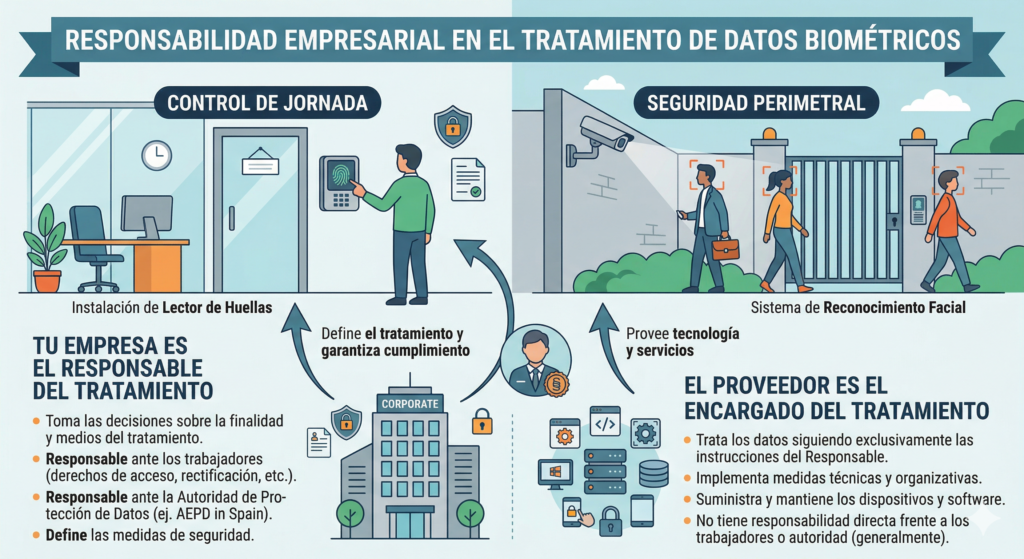 Si tu empresa instala un lector de huellas para el control de jornada o un sistema de reconocimiento facial para seguridad perimetral, tú eres el responsable. El proveedor de los dispositivos o del software actúa, generalmente, como Encargado del Tratamiento, pero la responsabilidad frente al trabajador y la autoridad recae sobre la empresa.