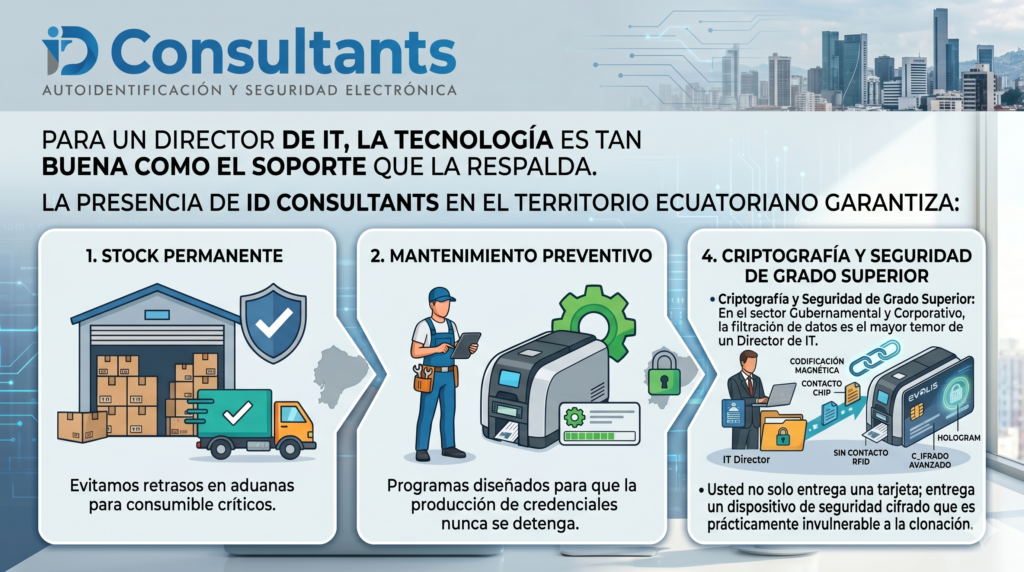 Para un Director de IT, la tecnología es tan buena como el soporte que la respalda. La presencia de ID Consultants en el territorio ecuatoriano garantiza:

Stock Permanente: Evitamos retrasos en aduanas para consumible críticos.

Mantenimiento Preventivo: Programas diseñados para que la producción de credenciales nunca se detenga.
Capacitación Especializada: Formamos a su equipo de RRHH e IT en el uso óptimo del software de diseño y gestión de bases de datos.