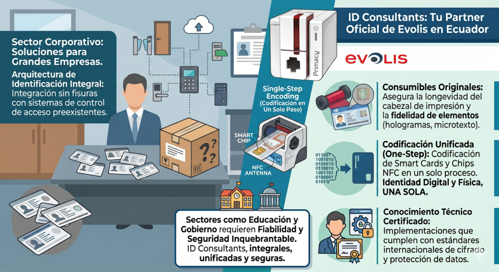 La arquitectura de identificación debe integrarse con sistemas de control de acceso preexistentes. Las soluciones Evolis permiten la codificación de tarjetas inteligentes (Smart Cards) y chips sin contacto (NFC) en un solo paso, garantizando que la identidad digital y la física sean una sola.
