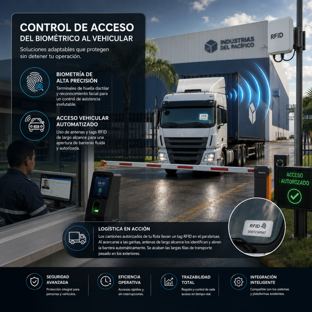 4. Control de Acceso: Del Biométrico al Vehicular

Proteger tus áreas restringidas requiere soluciones adaptables que no ralenticen tu operación diaria.

Biometría de Alta Precisión: Terminales de huella dactilar y reconocimiento facial para un control de asistencia irrefutable.

Acceso Vehicular Automatizado: Uso de antenas y tags RFID de largo alcance para una apertura de barreras fluida y autorizada.

Logística en Acción: Los camiones autorizados de tu flota llevan un tag RFID en el parabrisas. Al acercarse a las garitas, antenas de largo alcance los identifican y abren la barrera automáticamente. Se acaban las largas filas de transporte pesado en los exteriores.