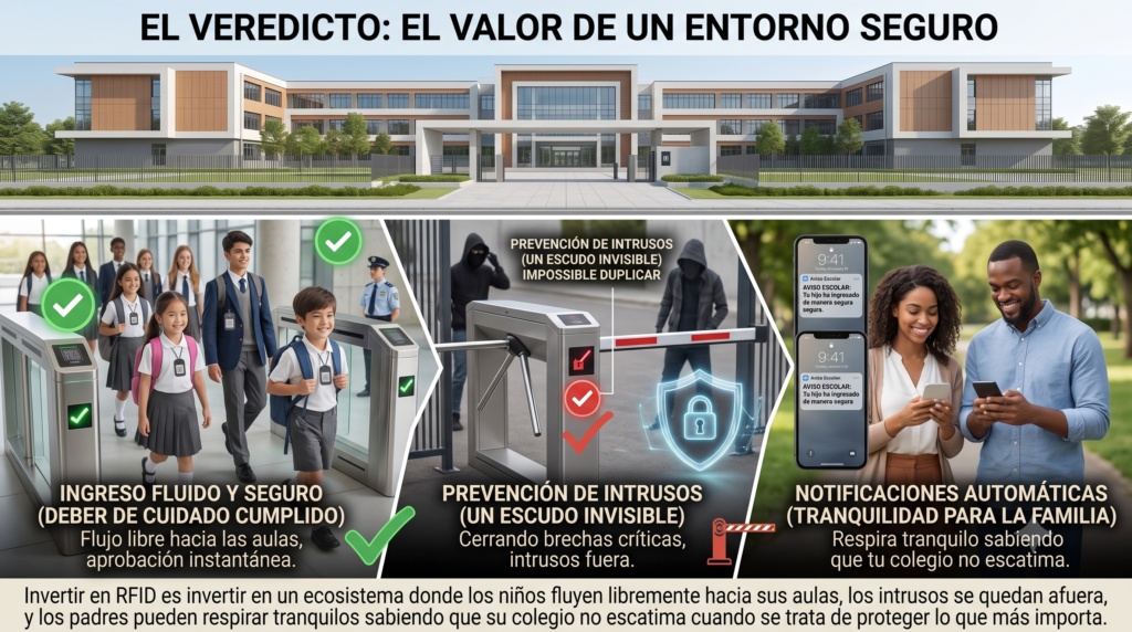 El Veredicto: El valor de un entorno seguro

Si cuentas con un presupuesto extremadamente limitado y tus alumnos son adultos universitarios, el QR puede ser un parche temporal. Sin embargo, para escuelas primarias, secundarias y preparatorias, donde el deber de cuidado es la máxima responsabilidad, el RFID no es un gasto, es un escudo.

Invertir en RFID es invertir en un ecosistema donde los niños fluyen libremente hacia sus aulas, los intrusos se quedan afuera, y los padres pueden respirar tranquilos sabiendo que su colegio no escatima cuando se trata de proteger lo que más importa.