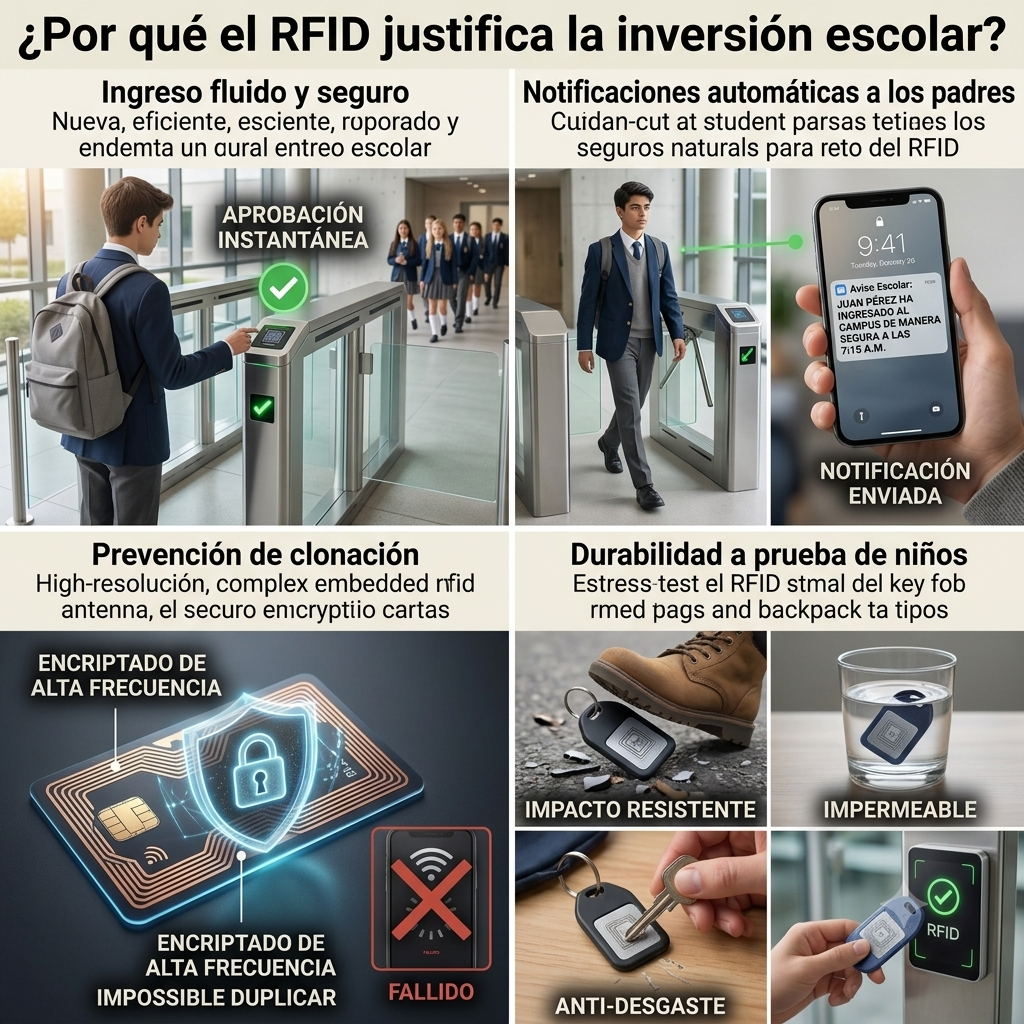¿Por qué el RFID justifica la inversión escolar?

Ingreso fluido y seguro: El RFID no requiere que el alumno saque su teléfono o apunte a una cámara. Con solo acercar su mochila o credencial al lector, el acceso se aprueba en milisegundos. Los estudiantes entran al refugio seguro de la escuela sin aglomeraciones en la calle.

Notificaciones automáticas a los padres: Al integrarse con el software escolar, el pase de la credencial RFID puede disparar un SMS o notificación push al celular de los padres: "Juan ha ingresado al campus de manera segura a las 7:15 a.m.". Este nivel de proactividad reduce la ansiedad de las familias y eleva el prestigio de la institución.

Prevención de clonación: Las credenciales RFID de alta frecuencia están encriptadas. Es prácticamente imposible que un intruso duplique una tarjeta para ingresar al recinto, cerrando brechas de seguridad críticas.

Durabilidad a prueba de niños: A diferencia de un boleto de papel o un celular frágil, un tag RFID resiste golpes, agua y el desgaste diario del entorno escolar.