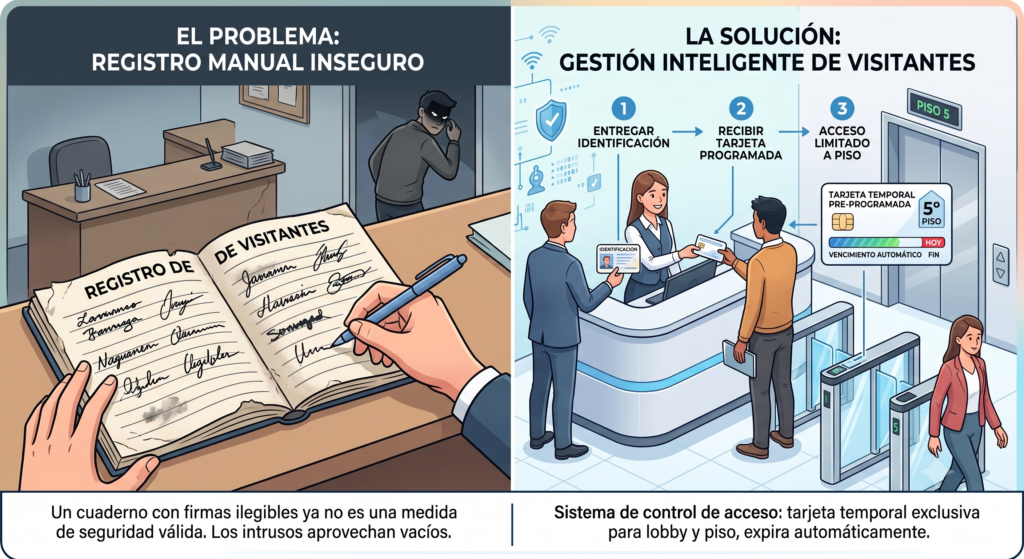 Un cuaderno de registro en recepción con una firma ilegible ya no es una medida de seguridad válida. Los intrusos suelen aprovechar los vacíos en los procesos de recepción para vulnerar los filtros.
La solución: Un sistema de control de acceso para edificios donde el visitante deba entregar su identificación oficial a cambio de una tarjeta temporal pre-programada. Esta tarjeta solo le permitirá abrir el torniquete del lobby y acceder exclusivamente al piso de la empresa que va a visitar, y expirará automáticamente al finalizar el día o la reunión.