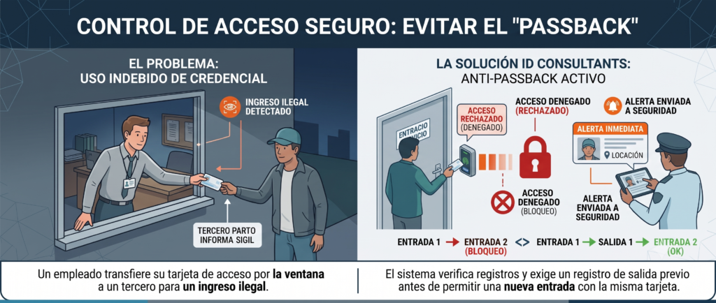 ¿Qué pasa si un empleado le pasa su tarjeta a alguien más por la ventana o la puerta trasera para que ingrese un tercero no autorizado?
La solución: Activar la función Anti-Passback en tu software de control de acceso. Esta configuración exige que, para que una tarjeta pueda ser usada para "entrar", el sistema debe haber registrado previamente su "salida". Si alguien intenta usar la misma tarjeta dos veces seguidas en el mismo lector de entrada, el sistema bloqueará el acceso y enviará una alerta inmediata al equipo de seguridad.