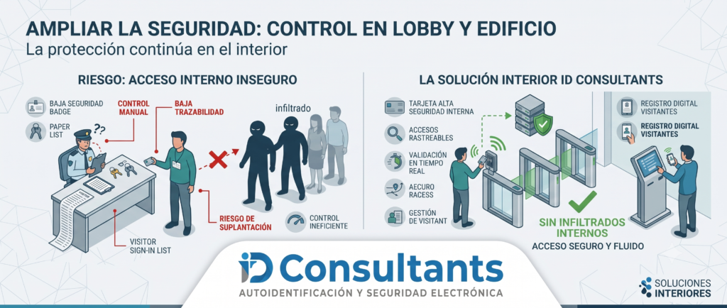 Supongamos que, por alguna falla humana, un individuo no autorizado logra llegar al lobby o al sótano. El mayor error de seguridad es permitir que los ascensores o escaleras operen de manera abierta.
La solución: La integración del control de acceso en los ascensores. Mediante el uso de tarjetas de autorización HID, el ascensor solo se habilita para llevar al usuario al piso específico donde trabaja. Si una persona no porta la credencial correcta, el ascensor simplemente no se moverá o no le permitirá marcar otros pisos, encapsulando la amenaza y evitando que recorra el edificio.