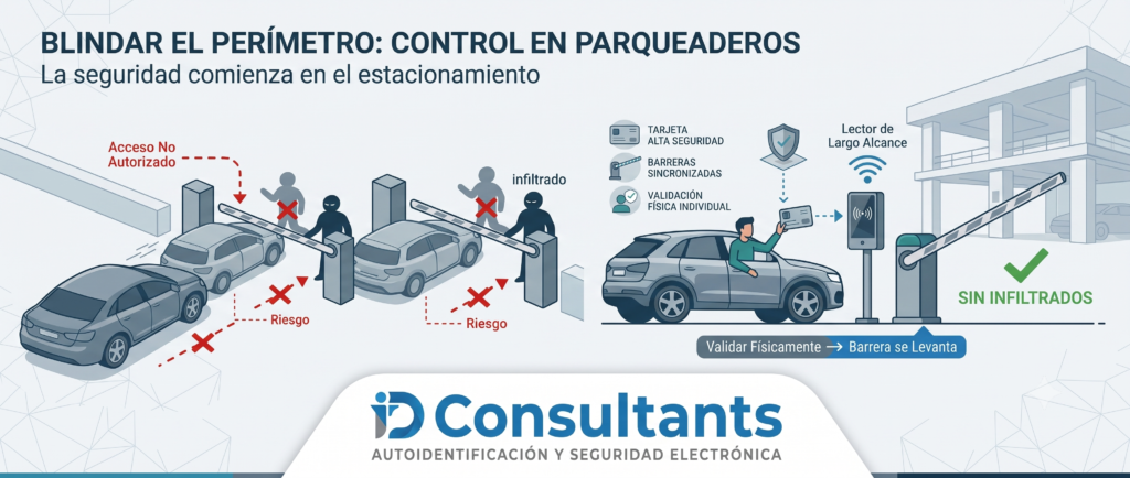 1. Blindar el perímetro: Control estricto en parqueaderos
Una de las lecciones más claras de los recientes asaltos es que la seguridad no empieza en el lobby, sino en el estacionamiento. Si un vehículo no autorizado o personas a pie logran infiltrarse por la rampa vehicular, la primera barrera ha caído.
La solución: Implementar sistemas de lectura de largo alcance o barreras vehiculares sincronizadas con tarjetas de acceso de alta seguridad. Al requerir que cada arrendatario o propietario valide su ingreso físico antes de que la barrera se levante, se elimina el riesgo de los "infiltrados" que aprovechan el paso de otro vehículo.