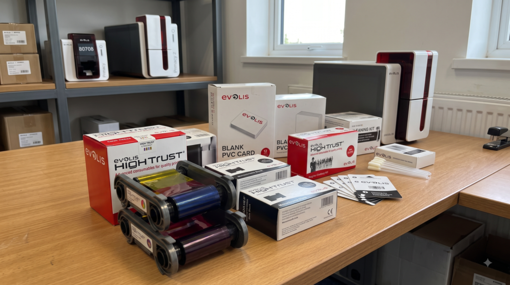 Consumibles Originales: Cintas a color, laminados holográficos y tarjetas de calidad garantizada para que la máquina no sufra desgaste prematuro.