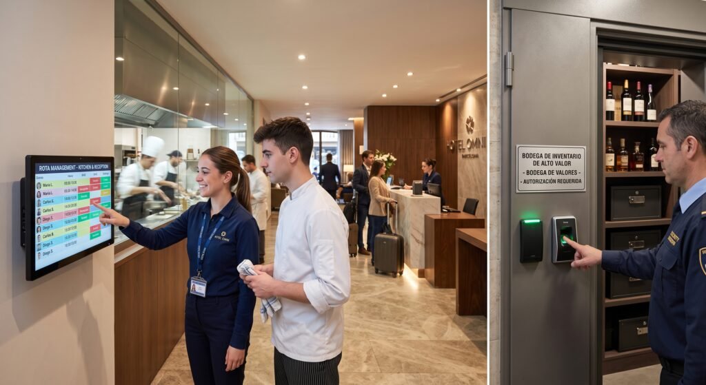 Hoteles y Restaurantes: Ideal para gestionar los dinámicos turnos rotativos del personal en la cocina o recepción, mientras se bloquea el acceso a bodegas de inventario de alto valor.