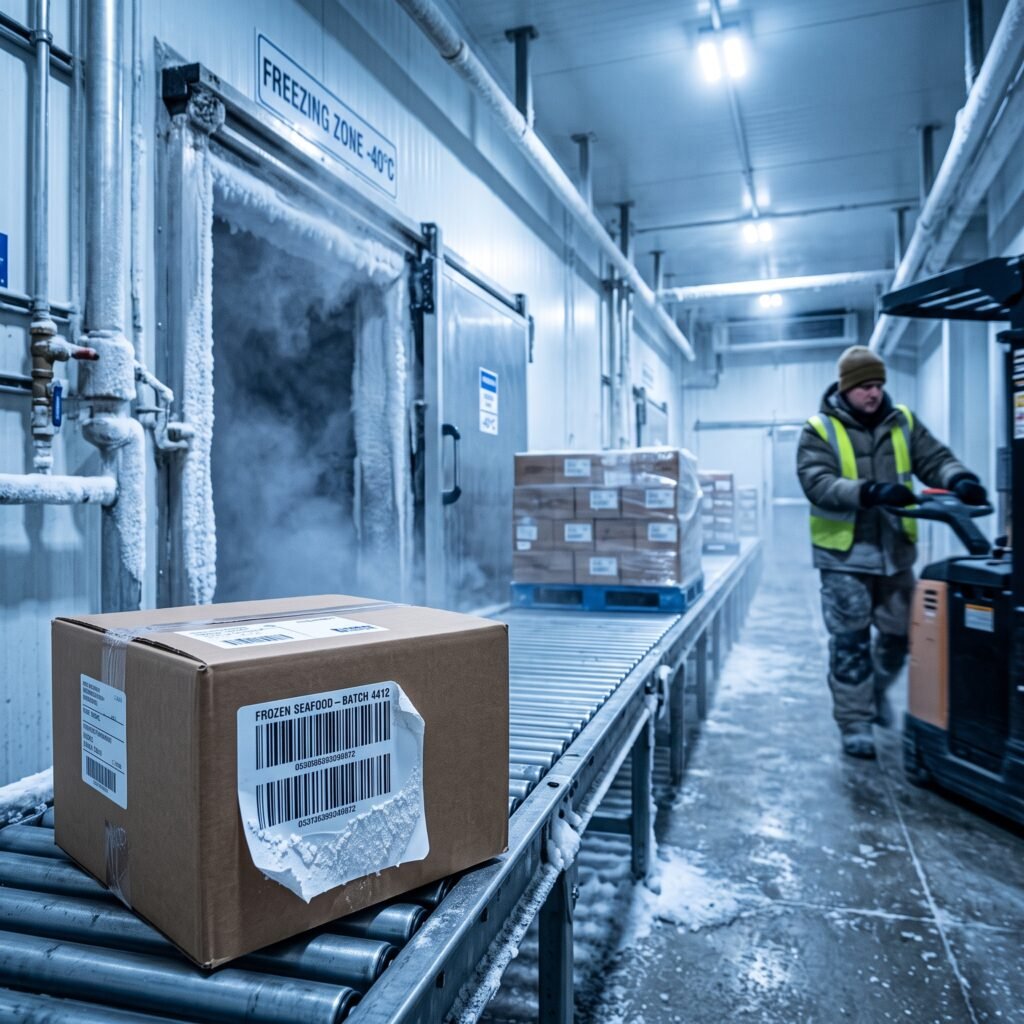 Túneles de congelación y cuartos fríos: Las transiciones térmicas bruscas (desde temperatura ambiente hasta -40°C) provocan que los adhesivos comunes se cristalicen y las etiquetas se desprendan, de la en la industria camaronera.