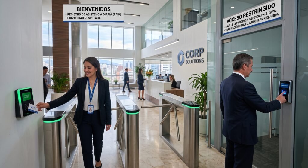 Edificios Corporativos y Oficinas: Utiliza tarjetas RFID para el registro diario de asistencia en el lobby (respetando la privacidad general) y restringe el acceso a la sala de servidores o gerencia exclusiva con huella dactilar.