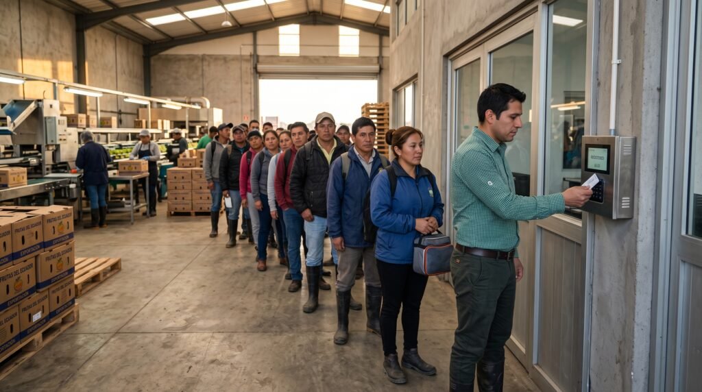 El registro de cuadrillas de jornaleros al iniciar su jornada en la empacadora para calcular correctamente las horas extras y evitar el "robo de tiempo"