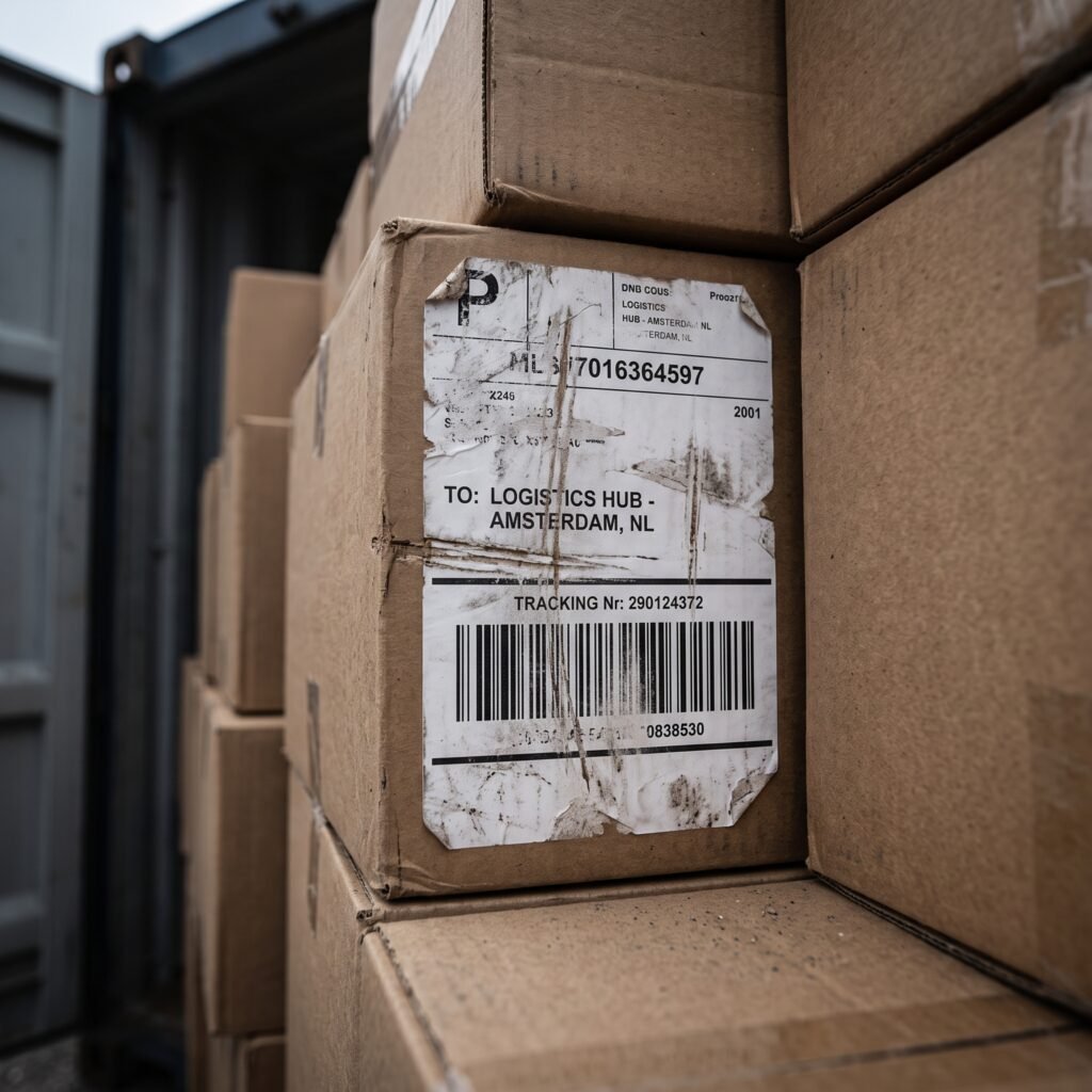 Fricción logística: El constante roce entre cajas durante el estibaje y el transporte marítimo desgasta la impresión térmica directa o la cera de los ribbons económicos de la en la industria camaronera.